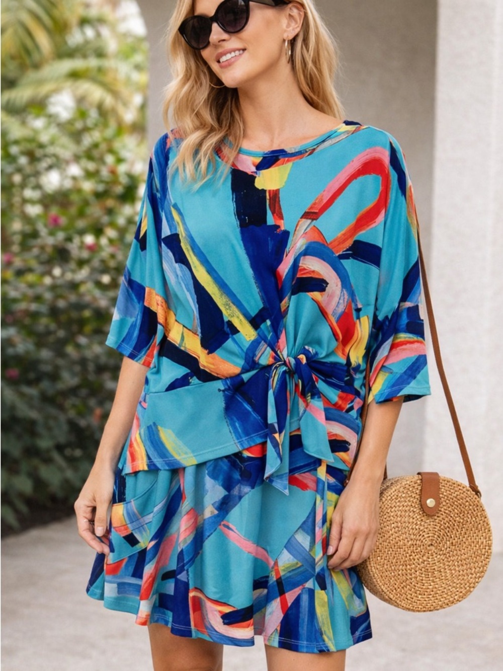 Clara Sun Woo Turquoise Abstract 2 pc. Tie-Front Dress